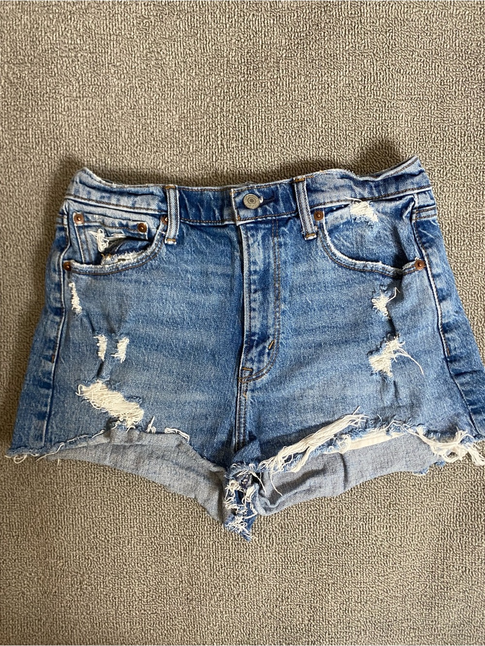 Abercrombie and Fitch High-Rise Distressed Blue Denim Shorts